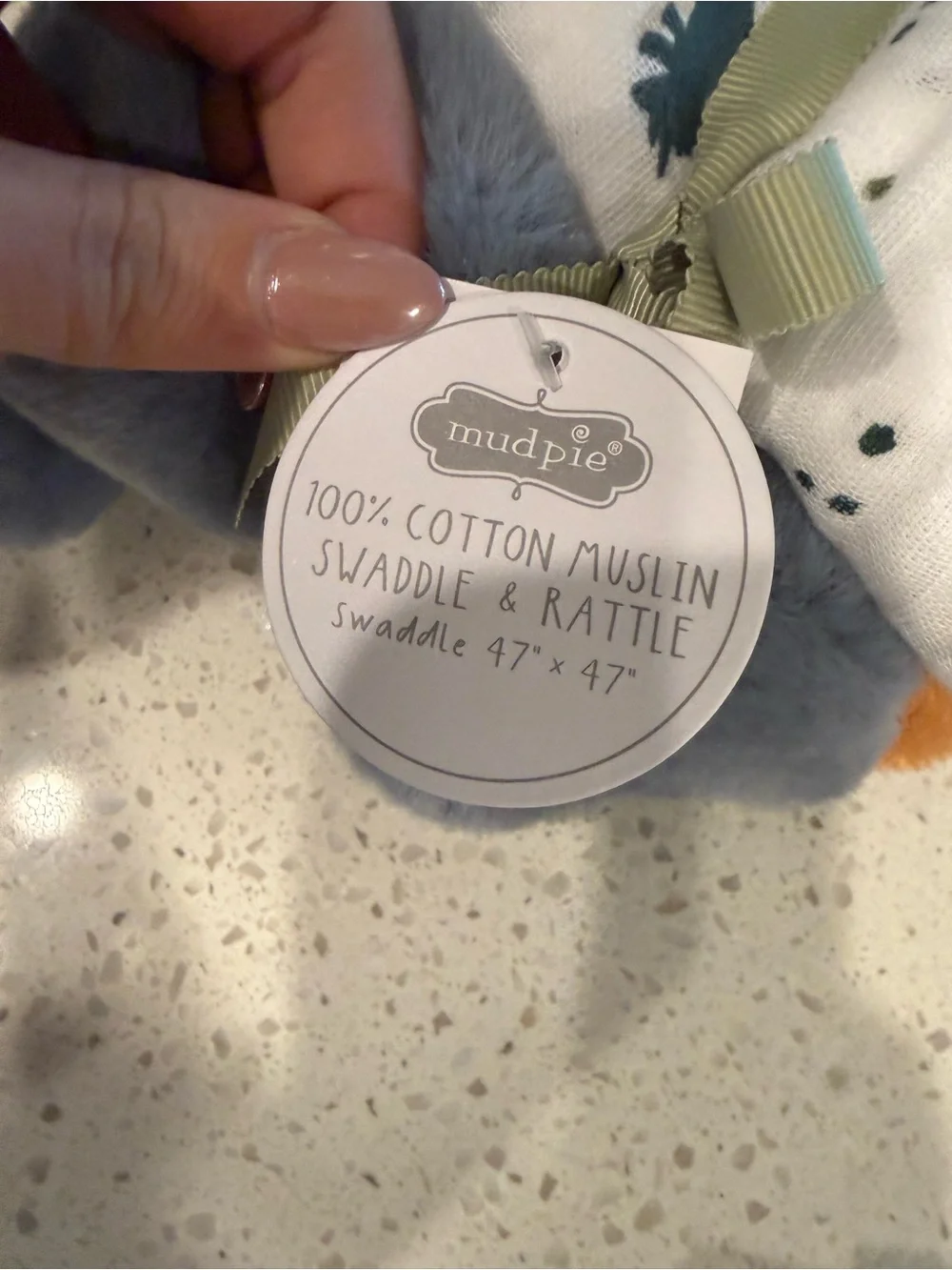 Mud Pie Gray and White Cotton Muslin Swaddle & Rattle